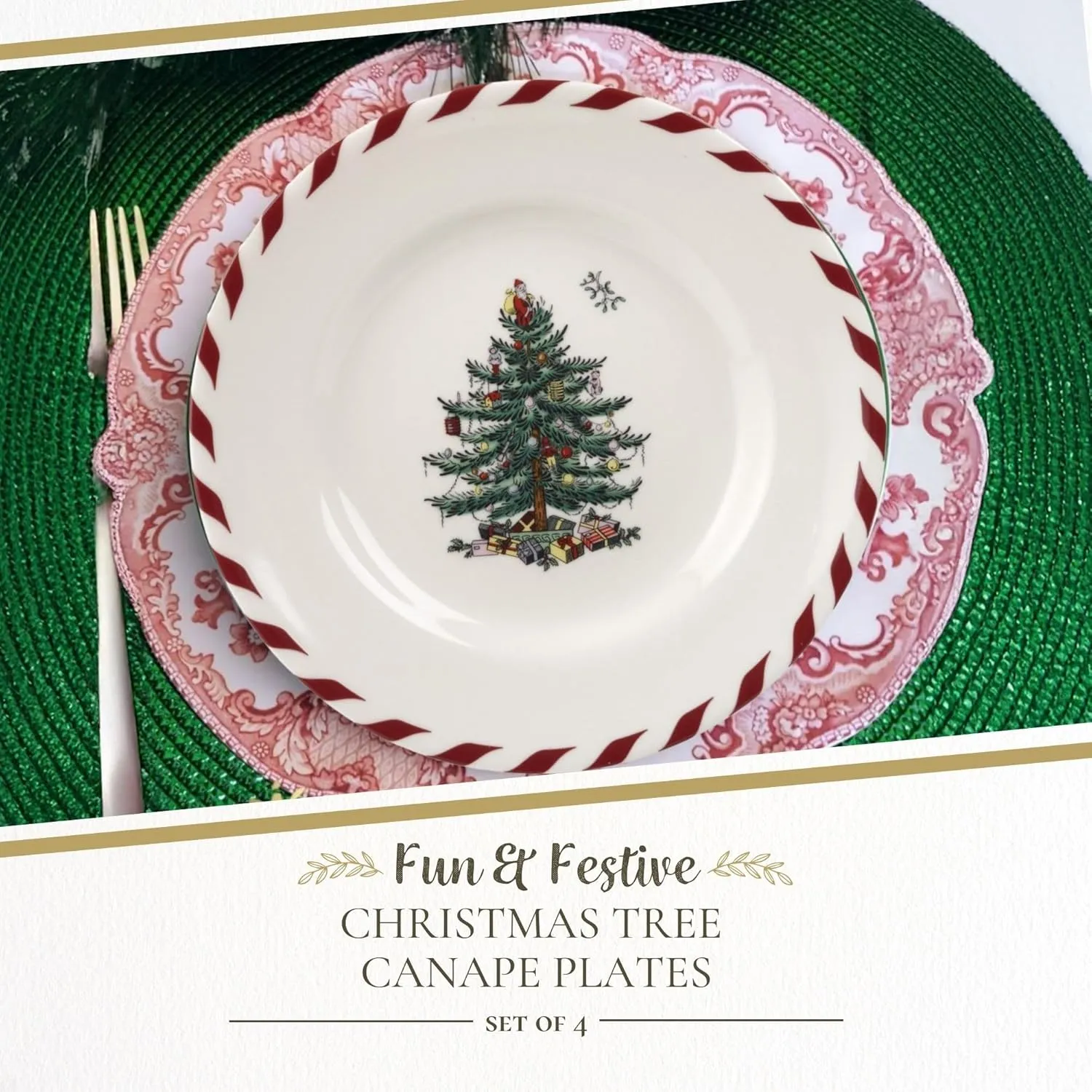 Spode Christmas Tree Canape Plates - Set of 4 | Peppermint Design, Holiday Appetizer Plate | Christmas Serving & Festive Plate | Seasonal Decorative Plate, Holiday Tableware