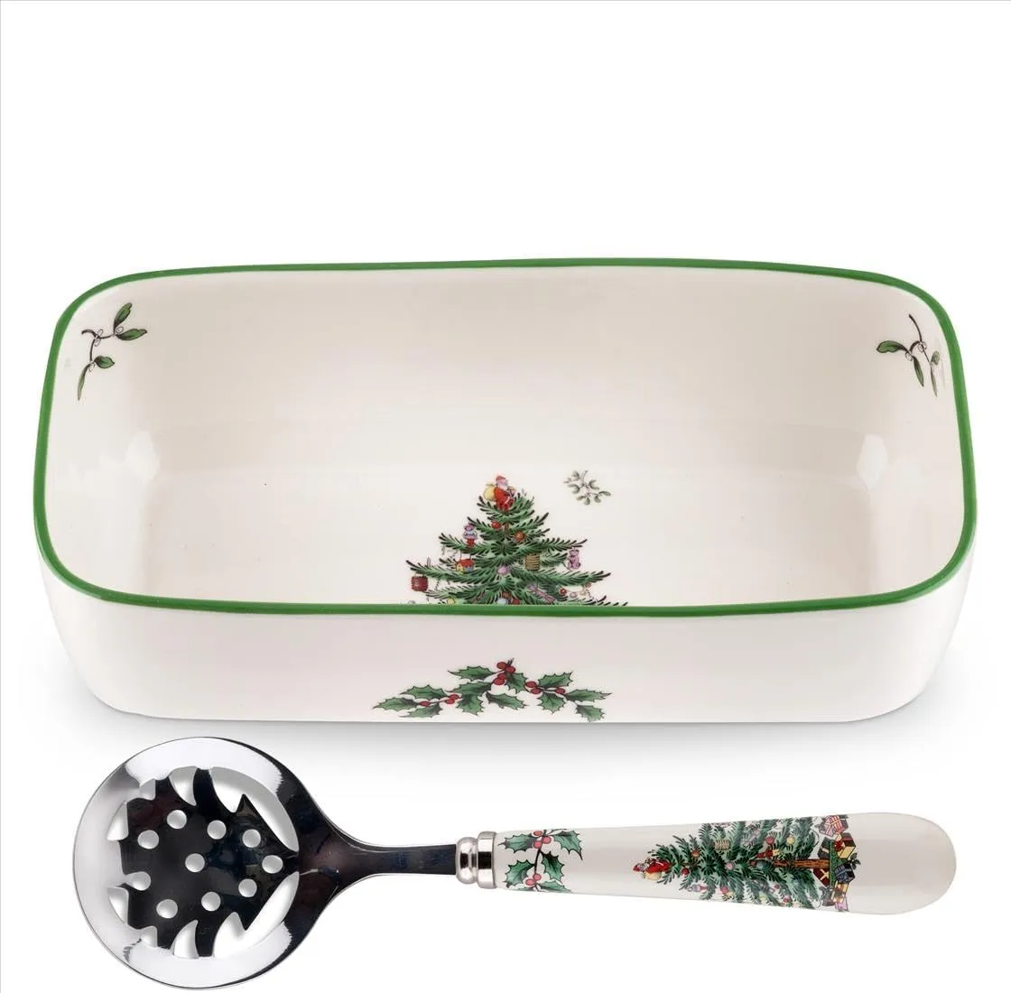 Spode Christmas Tree Cranberry Sauce Serving Dish with Slotted Spoon (8"x 4.25") - Rectangular Holiday Server with Holiday Motif - Dishwasher, Microwave, Freezer Safe Serveware for Entertaining
