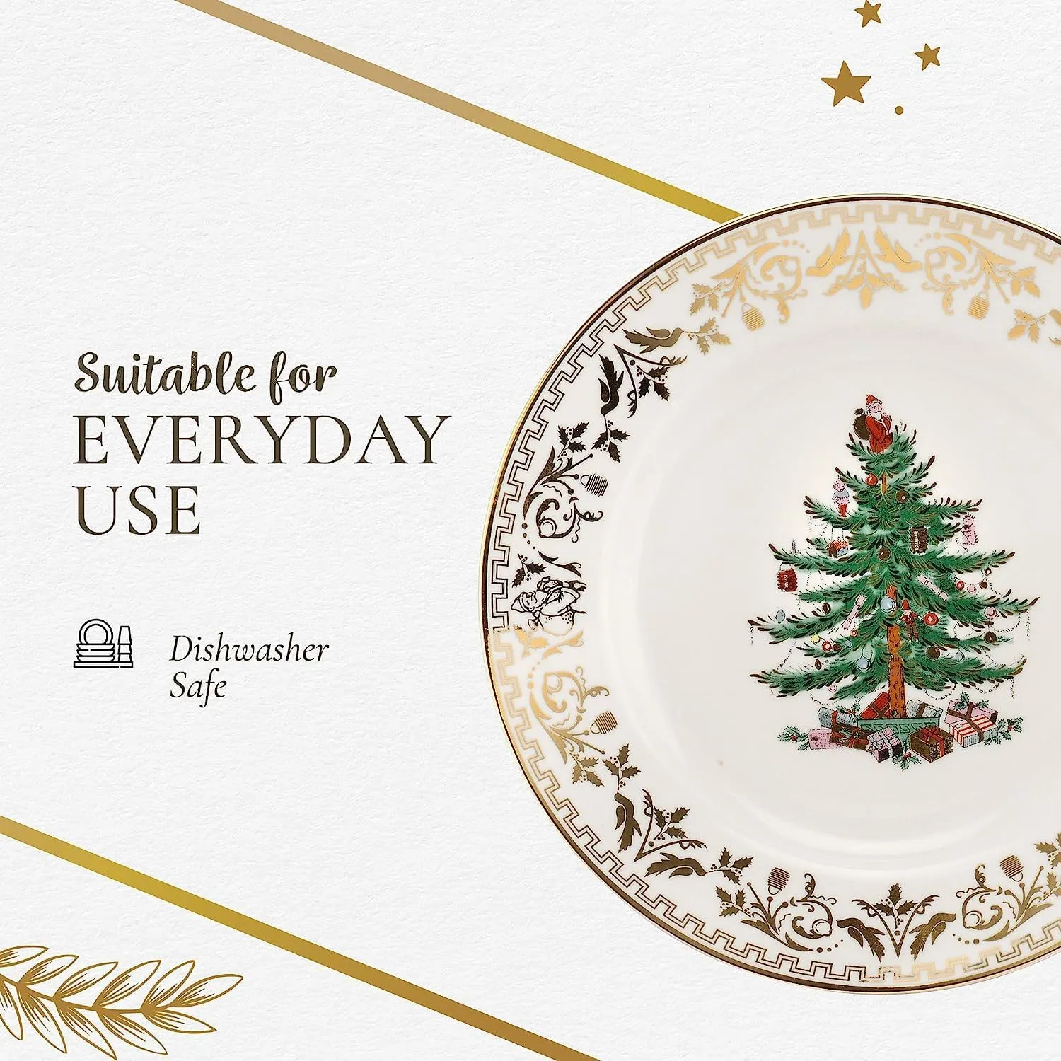 Spode Christmas Tree Gold 4-Piece Holiday Dinnerware Set - Fine Earthenware Tableware with 22K Gold Accents - Dinner Plate, Salad Plate, Teacup, Saucer - Festive Christmas Tableware, Dishwasher Safe