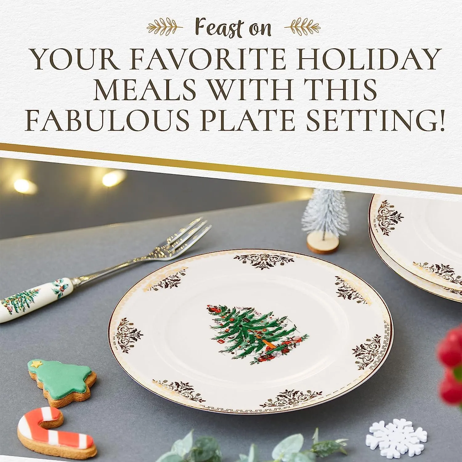 Spode Christmas Tree Gold 4-Piece Holiday Dinnerware Set - Fine Earthenware Tableware with 22K Gold Accents - Dinner Plate, Salad Plate, Teacup, Saucer - Festive Christmas Tableware, Dishwasher Safe
