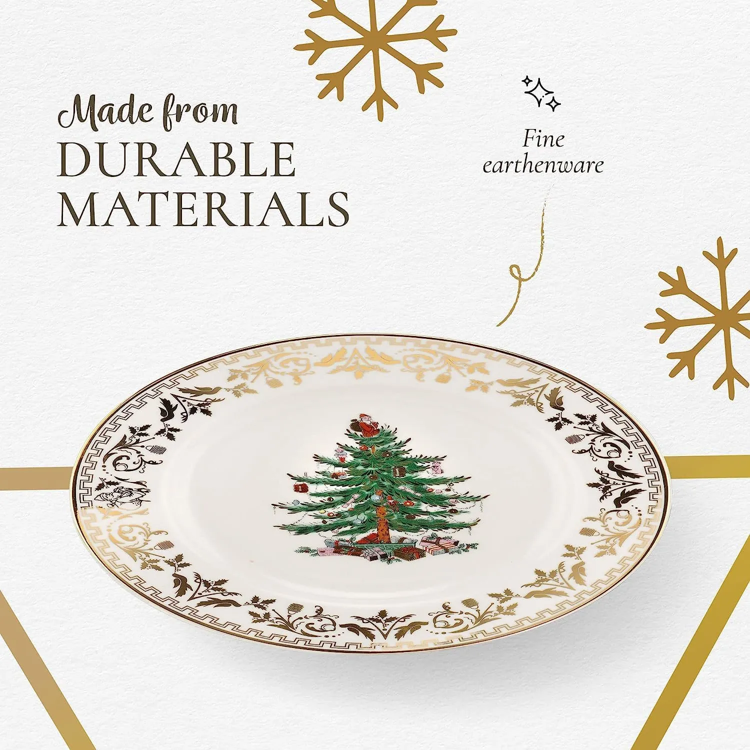 Spode Christmas Tree Gold 4-Piece Holiday Dinnerware Set - Fine Earthenware Tableware with 22K Gold Accents - Dinner Plate, Salad Plate, Teacup, Saucer - Festive Christmas Tableware, Dishwasher Safe