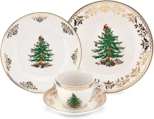 Spode Christmas Tree Gold 4-Piece Holiday Dinnerware Set - Fine Earthenware Tableware with 22K Gold Accents - Dinner Plate, Salad Plate, Teacup, Saucer - Festive Christmas Tableware, Dishwasher Safe