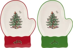 Spode Christmas Tree Mitten Dishes (Set of 2) - Red & Green Serving Platters for Cookies, Desserts, Appetizers, 7" Fine Earthenware Plates, Dishwasher Safe Holiday Tableware for Seasonal Gatherings