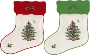 Spode Christmas Tree Stocking Dishes (Set of 2) - Red & Green Serving Platters, Candy Trinket Tray, 7" Fine Earthenware Plates, Dishwasher Safe Holiday Tableware for Seasonal Gatherings