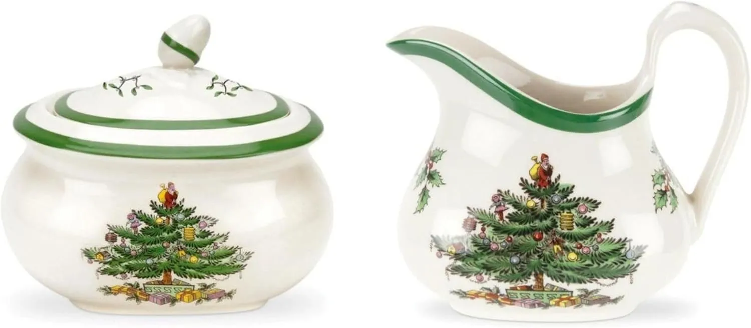 Spode Christmas Tree Sugar & Creamer Set - 16oz Sugar Bowl with Lid & 8oz Creamer - Fine Earthenware Holiday Tea & Coffee Serving Set - Dishwasher Safe Festive Tableware