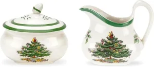 Spode Christmas Tree Sugar & Creamer Set - 16oz Sugar Bowl with Lid & 8oz Creamer - Fine Earthenware Holiday Tea & Coffee Serving Set - Dishwasher Safe Festive Tableware