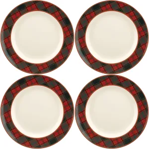 Spode Christmas Tree Tartan Dinner Plate (Set of 4) - 10.5" Festive Holiday Tableware, Colorful Christmas Dishes Tartan Plaid Border, Fine Earthenware, Microwave & Dishwasher Safe Decorative Plate
