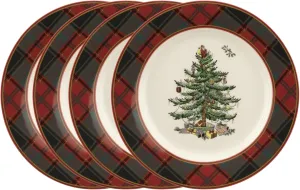 Spode Christmas Tree Tartan Salad Plate (Set of 4) - 7.75" Earthenware Plate, Holiday Tableware for Serving Salads, Appetizers, Desserts - Dishwasher and Microwave Safe, Festive Christmas Dinnerware