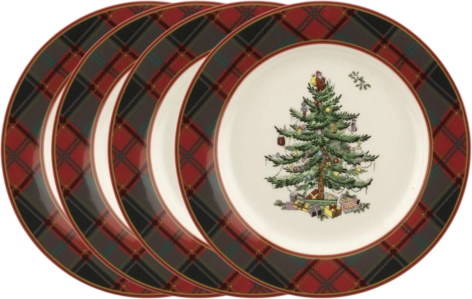 Spode Christmas Tree Tartan Salad Plate (Set of 4) - 7.75" Earthenware Plate, Holiday Tableware for Serving Salads, Appetizers, Desserts - Dishwasher and Microwave Safe, Festive Christmas Dinnerware