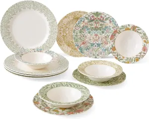 Spode Morris and Co 12 Piece Dinner Set | Service for 4 | Includes Dinner Plate, Salad Plate and Bowl | Made of Fine Earthenware | Microwave and Dishwasher Safe | Made in England