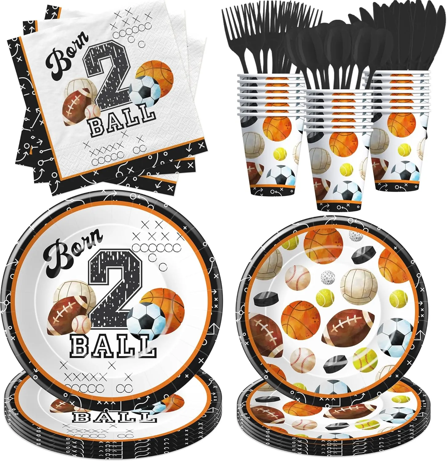 Sports 2nd Birthday Party Decorations Tableware, Born Two Ball Sports Birthday Party Supplies, Paper Plate, Napkin, Cup, Cutlery, Sports Two-Year-Old Birthday Decorations Fit 24 Guests