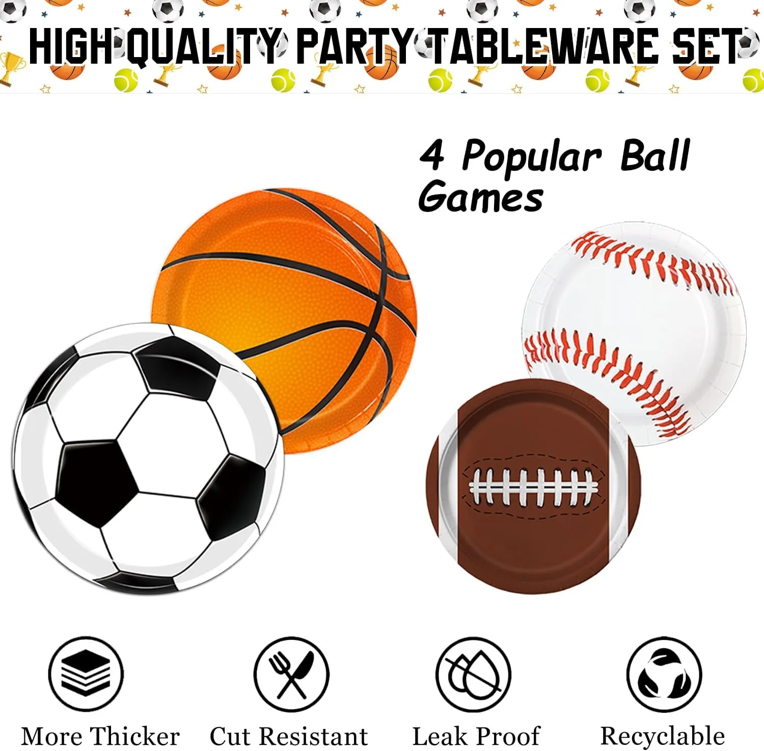 Sports Birthday Party Decorations, Sports Theme Party Plates and Napkins Baseball Football Soccer Basketball Disposable Tableware Serves 20 Guests for Birthday Party