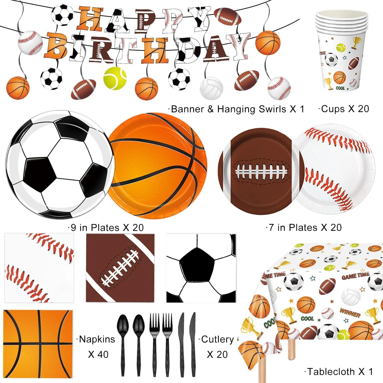 Sports Birthday Party Decorations, Sports Theme Party Plates and Napkins Baseball Football Soccer Basketball Disposable Tableware Serves 20 Guests for Birthday Party
