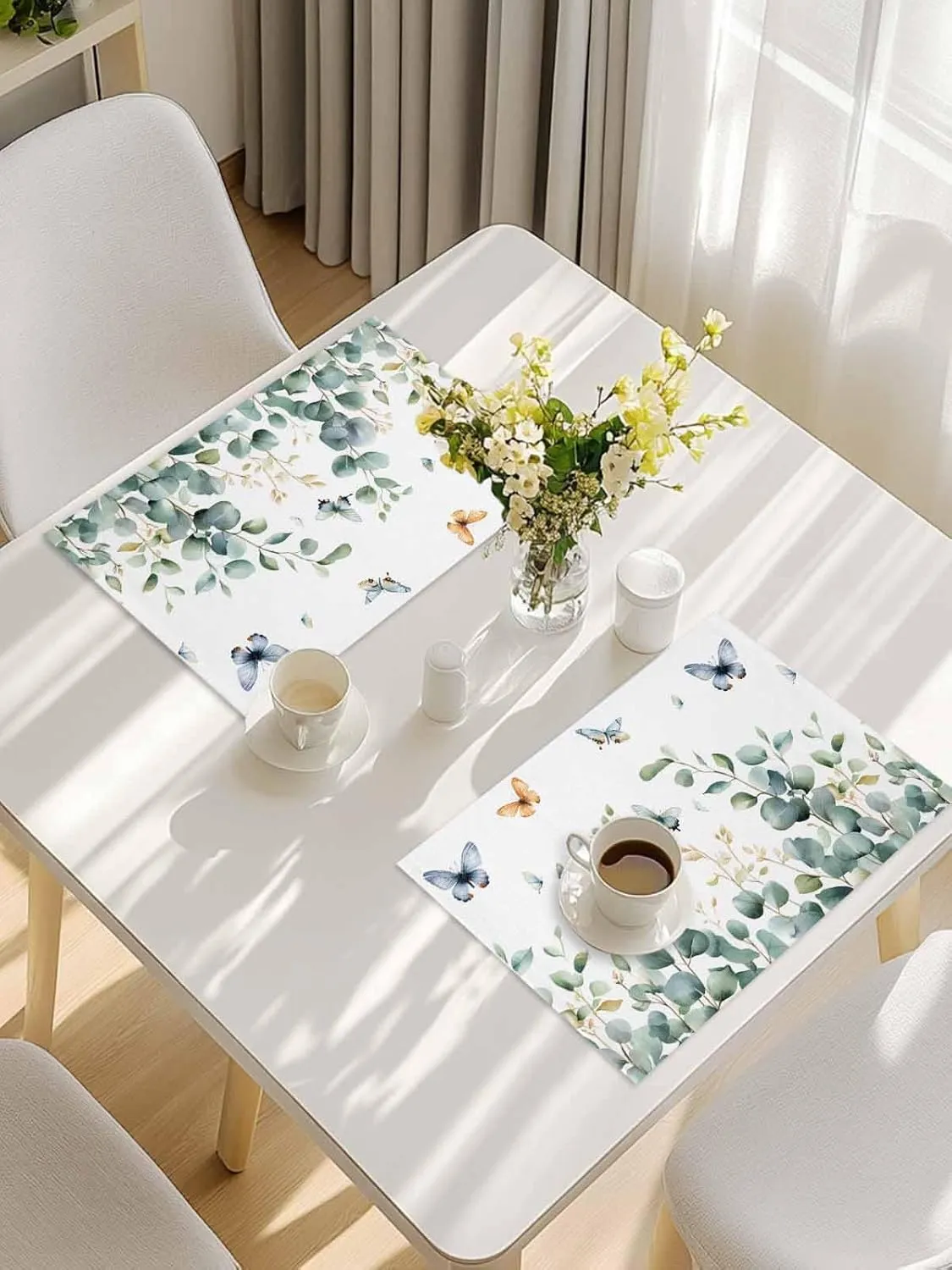 Spring Butterfly Placemats Set of 6, Green Eucalyptus Leaf Non-Skid Place Mats, Holiday Table Mats, Washable Stain-Resistance Tablemats for Party/Dining Room/Kitchen Decorations