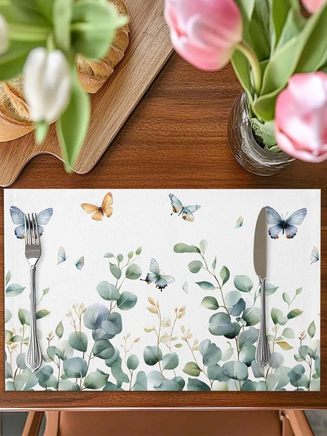 Spring Butterfly Placemats Set of 6, Green Eucalyptus Leaf Non-Skid Place Mats, Holiday Table Mats, Washable Stain-Resistance Tablemats for Party/Dining Room/Kitchen Decorations
