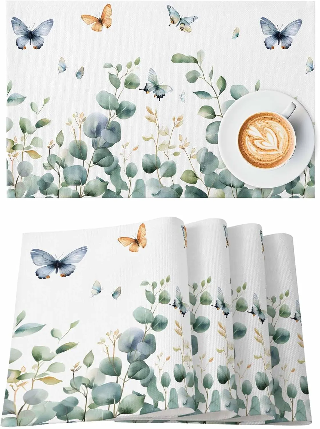 Spring Butterfly Placemats Set of 6, Green Eucalyptus Leaf Non-Skid Place Mats, Holiday Table Mats, Washable Stain-Resistance Tablemats for Party/Dining Room/Kitchen Decorations