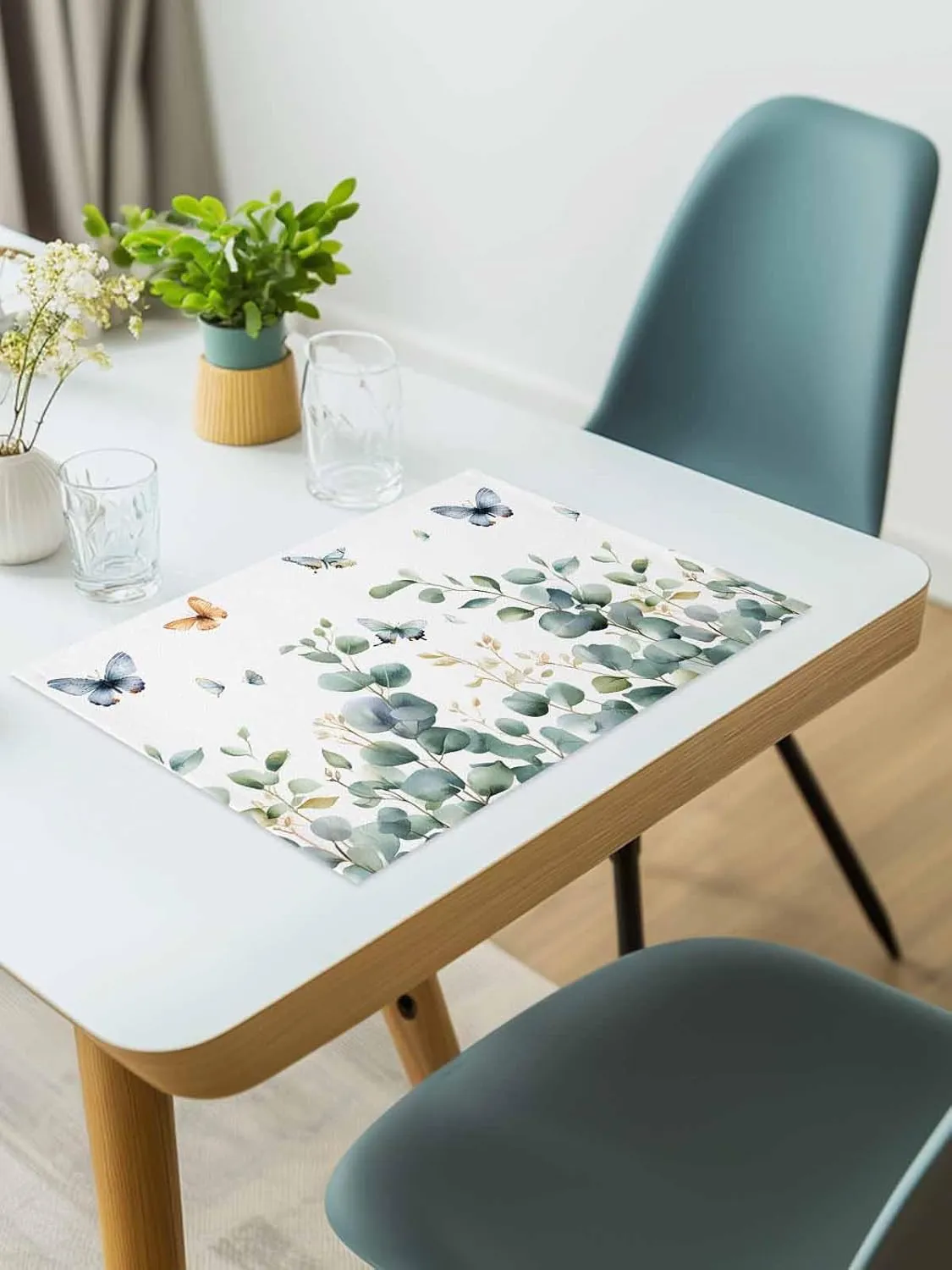 Spring Butterfly Placemats Set of 6, Green Eucalyptus Leaf Non-Skid Place Mats, Holiday Table Mats, Washable Stain-Resistance Tablemats for Party/Dining Room/Kitchen Decorations