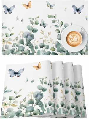 Spring Butterfly Placemats Set of 6, Green Eucalyptus Leaf Non-Skid Place Mats, Holiday Table Mats, Washable Stain-Resistance Tablemats for Party/Dining Room/Kitchen Decorations