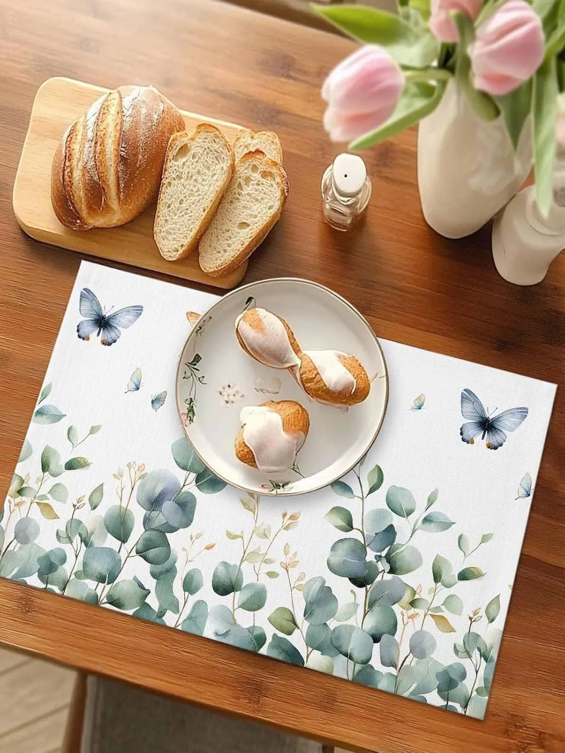 Spring Butterfly Placemats Set of 6, Green Eucalyptus Leaf Non-Skid Place Mats, Holiday Table Mats, Washable Stain-Resistance Tablemats for Party/Dining Room/Kitchen Decorations
