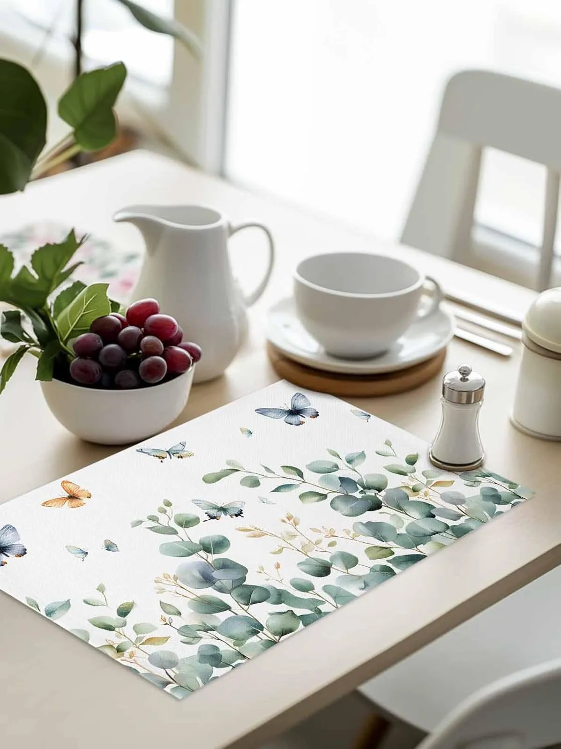 Spring Butterfly Placemats Set of 6, Green Eucalyptus Leaf Non-Skid Place Mats, Holiday Table Mats, Washable Stain-Resistance Tablemats for Party/Dining Room/Kitchen Decorations