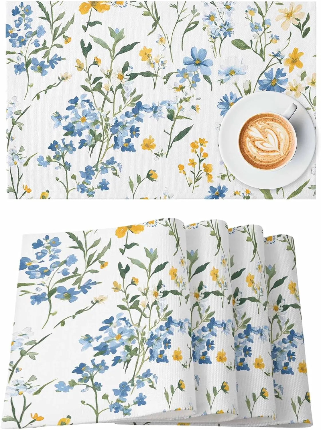 Spring Flowers Leaves Placemats Set of 6, Blue Yellow Pastoral Wind Non-Skid Place Mats, Holiday Table Mats, Washable Stain-Resistance Tablemats for Party/Dining Room/Kitchen Decorations