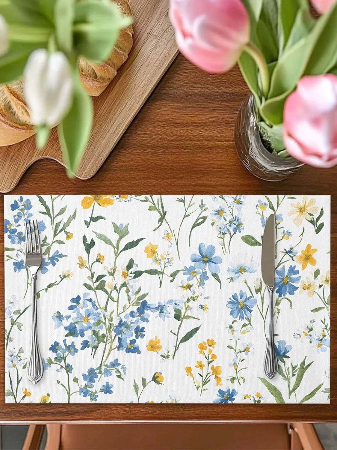 Spring Flowers Leaves Placemats Set of 6, Blue Yellow Pastoral Wind Non-Skid Place Mats, Holiday Table Mats, Washable Stain-Resistance Tablemats for Party/Dining Room/Kitchen Decorations