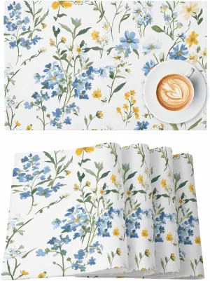 Spring Flowers Leaves Placemats Set of 6, Blue Yellow Pastoral Wind Non-Skid Place Mats, Holiday Table Mats, Washable Stain-Resistance Tablemats for Party/Dining Room/Kitchen Decorations