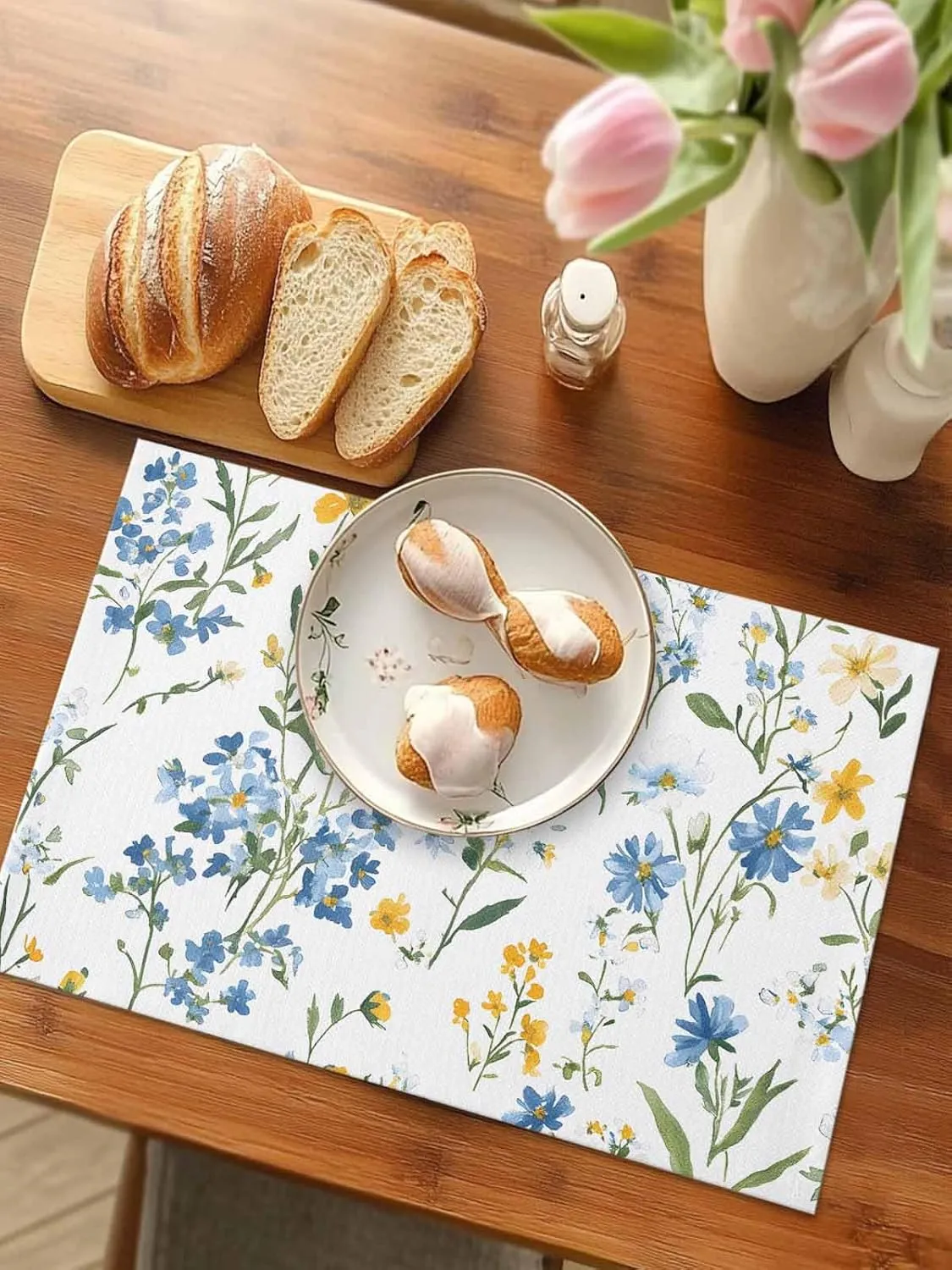 Spring Flowers Leaves Placemats Set of 6, Blue Yellow Pastoral Wind Non-Skid Place Mats, Holiday Table Mats, Washable Stain-Resistance Tablemats for Party/Dining Room/Kitchen Decorations