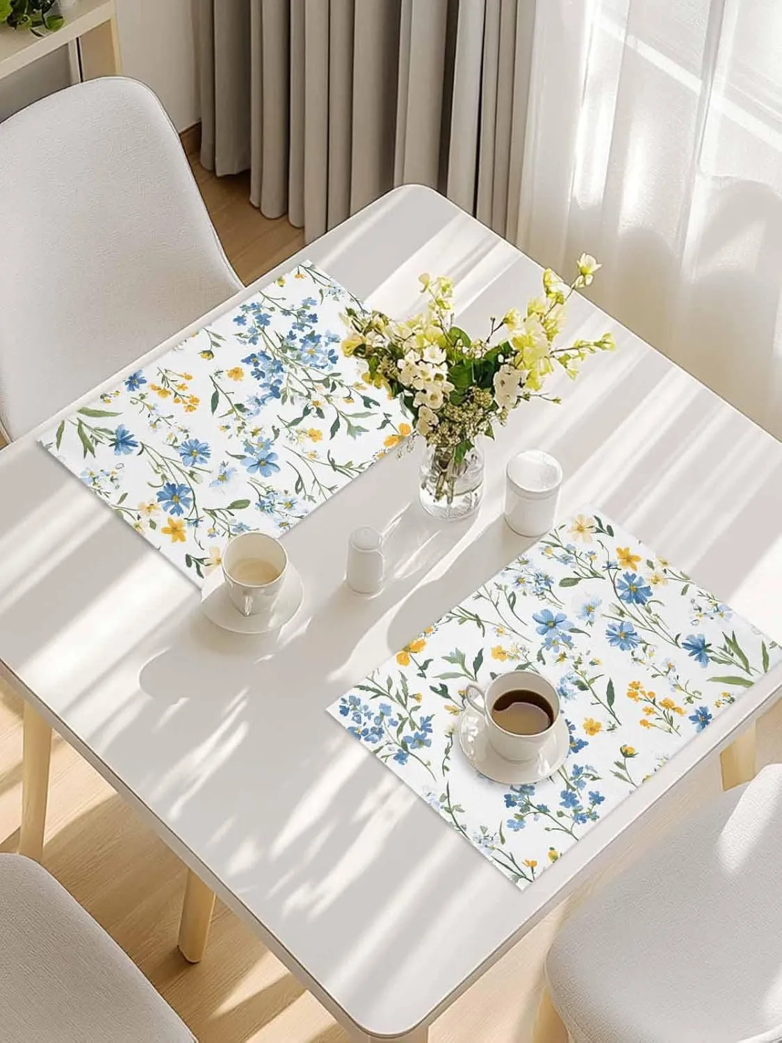 Spring Flowers Leaves Placemats Set of 6, Blue Yellow Pastoral Wind Non-Skid Place Mats, Holiday Table Mats, Washable Stain-Resistance Tablemats for Party/Dining Room/Kitchen Decorations
