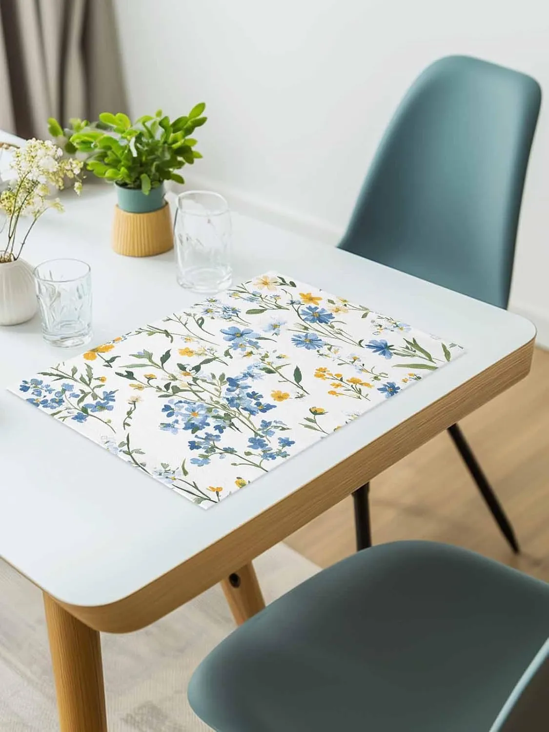 Spring Flowers Leaves Placemats Set of 6, Blue Yellow Pastoral Wind Non-Skid Place Mats, Holiday Table Mats, Washable Stain-Resistance Tablemats for Party/Dining Room/Kitchen Decorations