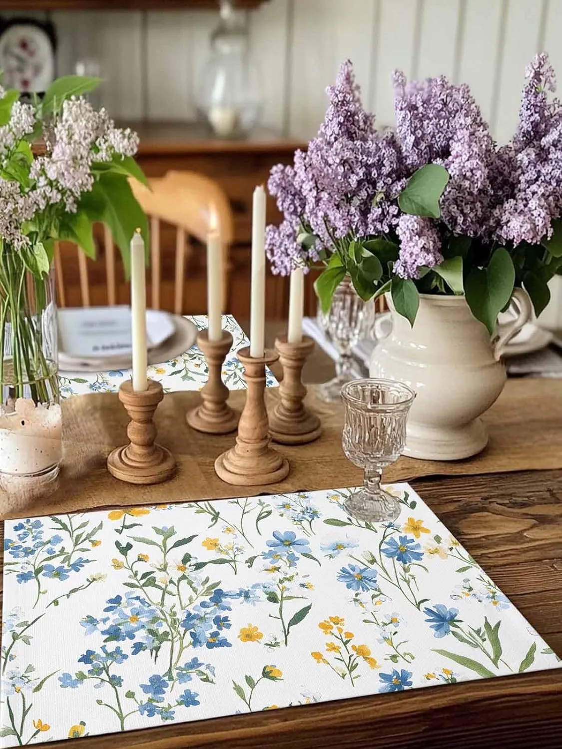 Spring Flowers Leaves Placemats Set of 6, Blue Yellow Pastoral Wind Non-Skid Place Mats, Holiday Table Mats, Washable Stain-Resistance Tablemats for Party/Dining Room/Kitchen Decorations