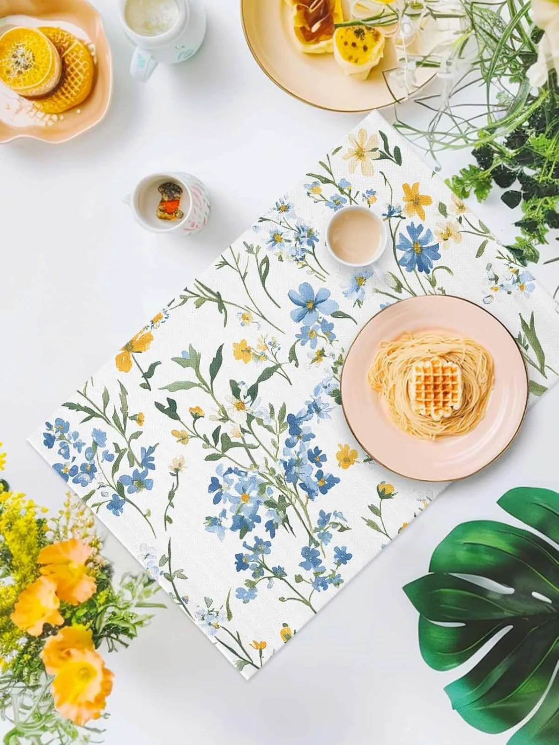 Spring Flowers Leaves Placemats Set of 6, Blue Yellow Pastoral Wind Non-Skid Place Mats, Holiday Table Mats, Washable Stain-Resistance Tablemats for Party/Dining Room/Kitchen Decorations