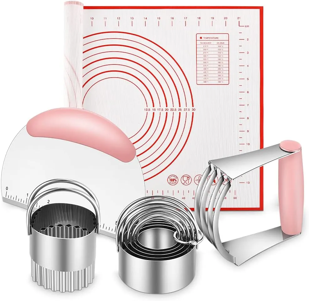 Stainless Steel Biscuit & Dough Cutter Set - 5 Pcs/Pink, Silicone Baking Mats, Pastry Blender