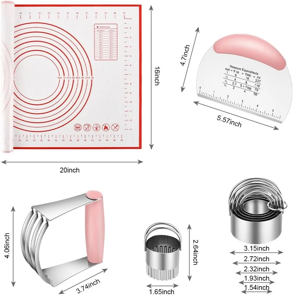 Stainless Steel Biscuit & Dough Cutter Set - 5 Pcs/Pink, Silicone Baking Mats, Pastry Blender