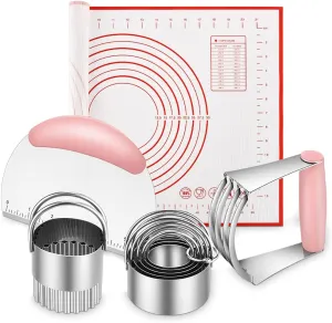 Stainless Steel Biscuit & Dough Cutter Set - 5 Pcs/Pink, Silicone Baking Mats, Pastry Blender
