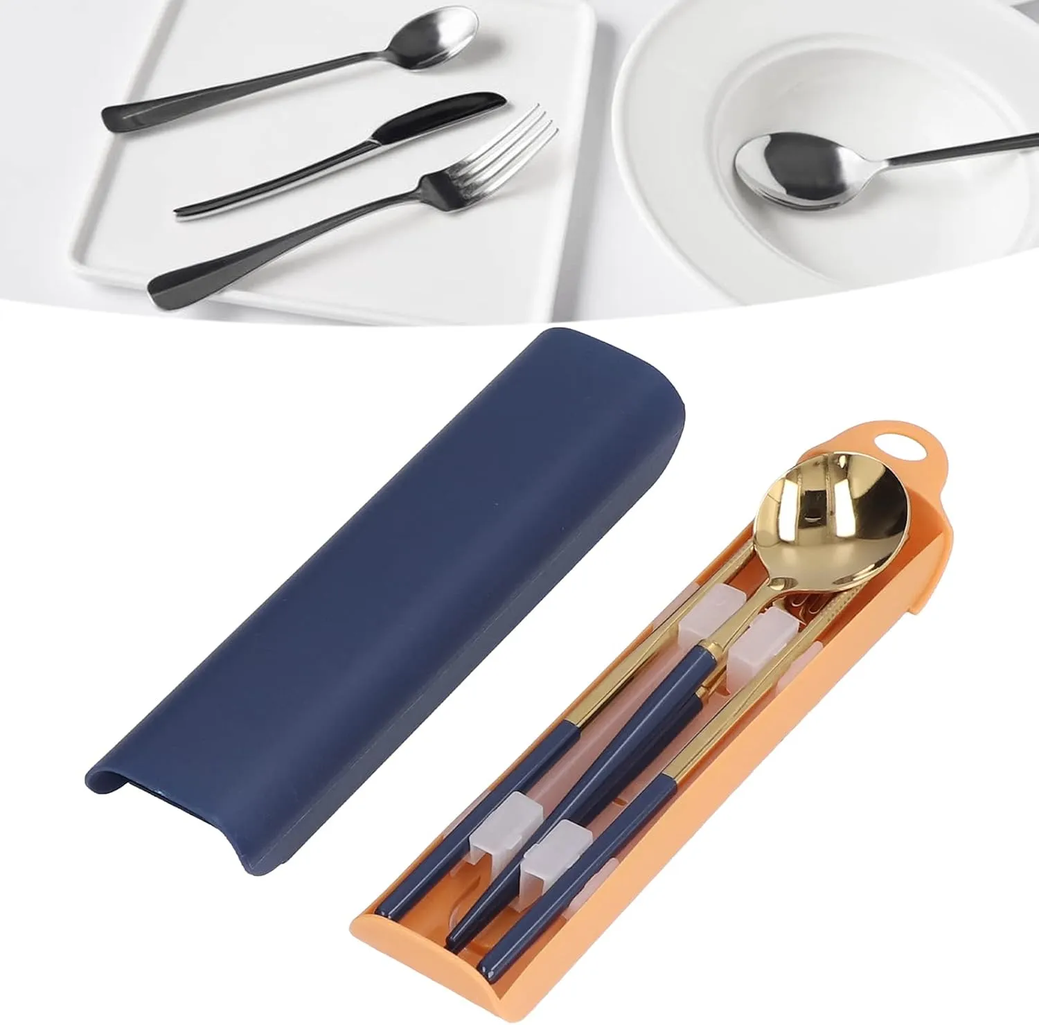Stainless Steel Cutlery Set, Portable Travel Tableware with Storage Box, Utensils for, Camping, Party, Hotel, Mirror Polishing, (Dark blue gold)