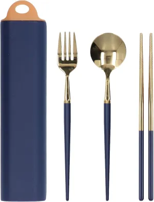 Stainless Steel Cutlery Set, Portable Travel Tableware with Storage Box, Utensils for, Camping, Party, Hotel, Mirror Polishing, (Dark blue gold)