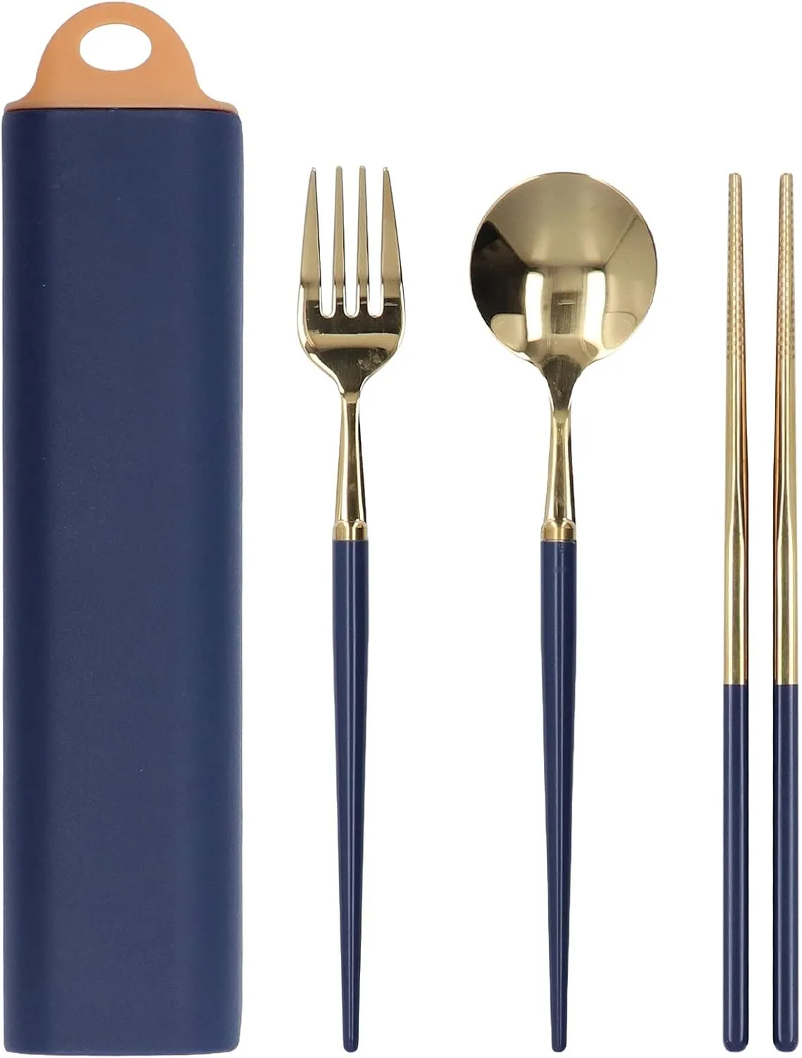Stainless Steel Cutlery Set, Portable Travel Tableware with Storage Box, Utensils for, Camping, Party, Hotel, Mirror Polishing, (Dark blue gold)