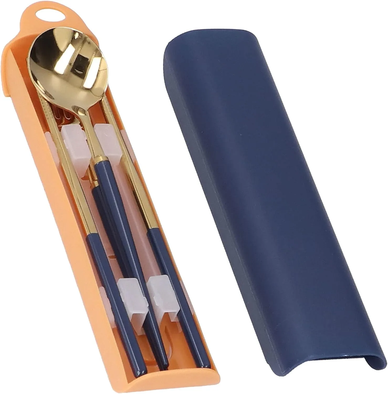 Stainless Steel Cutlery Set, Portable Travel Tableware with Storage Box, Utensils for, Camping, Party, Hotel, Mirror Polishing, (Dark blue gold)