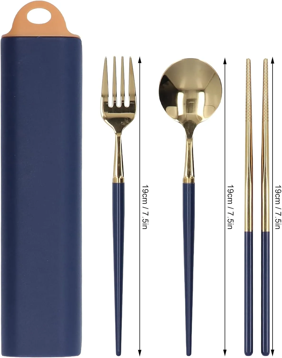 Stainless Steel Cutlery Set, Portable Travel Tableware with Storage Box, Utensils for, Camping, Party, Hotel, Mirror Polishing, (Dark blue gold)