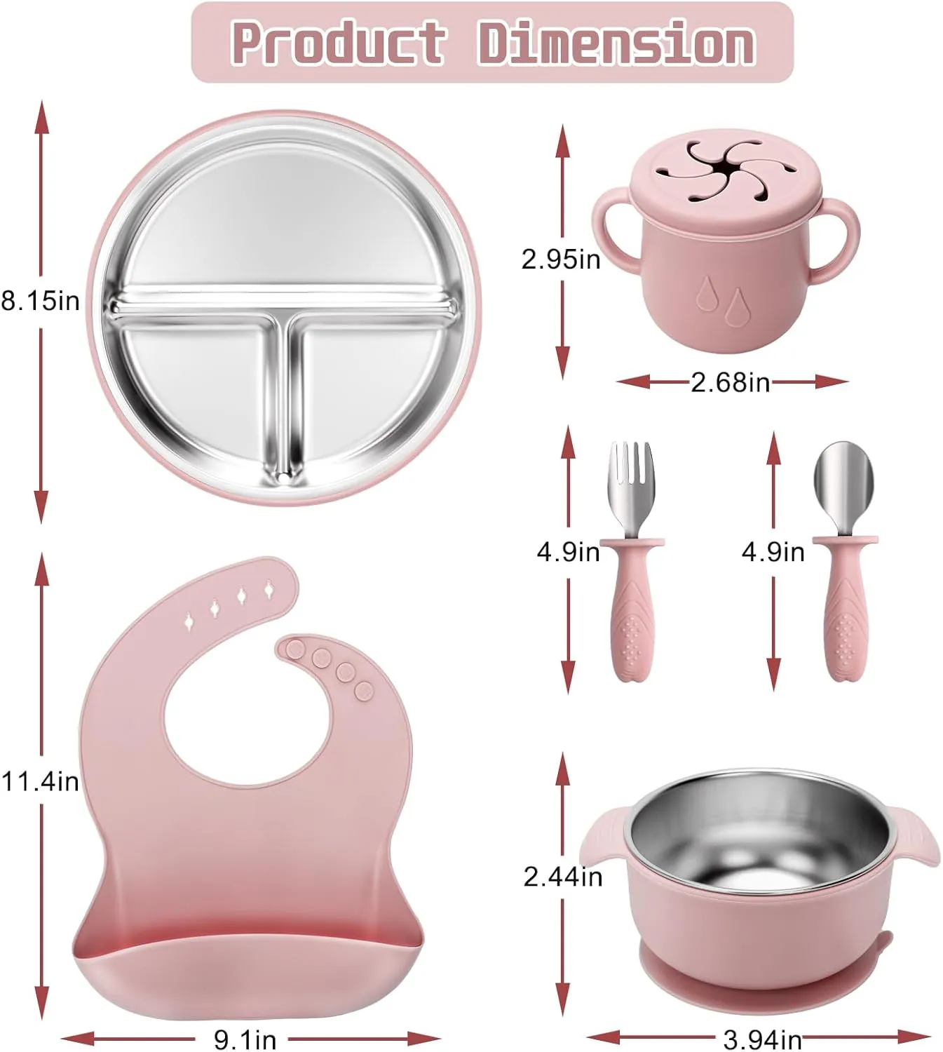 Stainless Steel Kids Plates and Bowls Set with Suction, Divided Baby Plate and Toddler Bowl with Removable Silicone Suction,Stainless Steel Weaning Bundle, Silicone Baby Feeding Set (Pink)