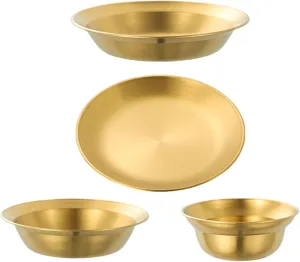 Stainless Steel Plates and Bowls Dinnerware Set, Snack Bowls, Reusable Outdoor Tableware Camping Utensils for Beach Apartment, 4PCS Gold
