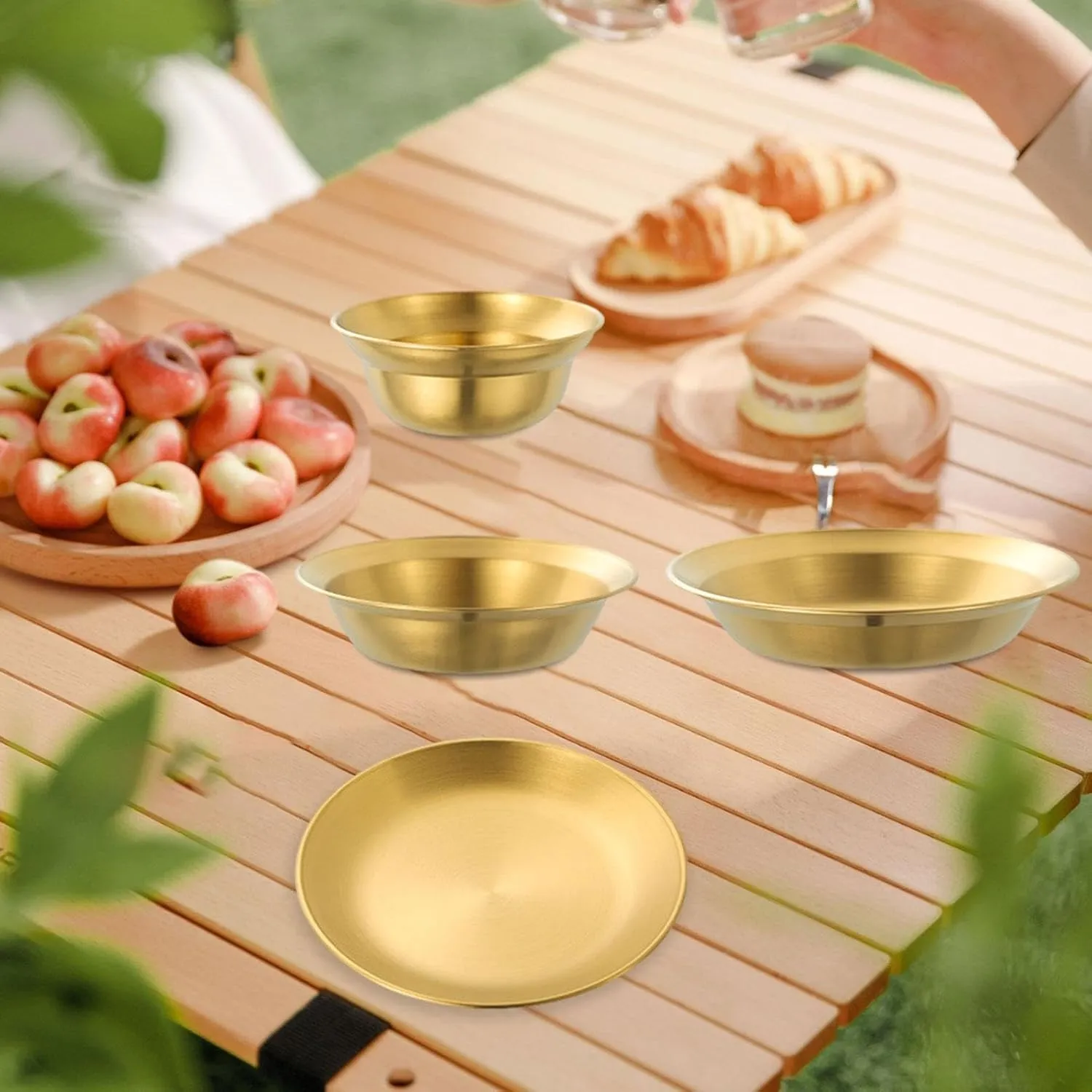 Stainless Steel Plates and Bowls Dinnerware Set, Snack Bowls, Reusable Outdoor Tableware Camping Utensils for Beach Apartment, 4PCS Gold