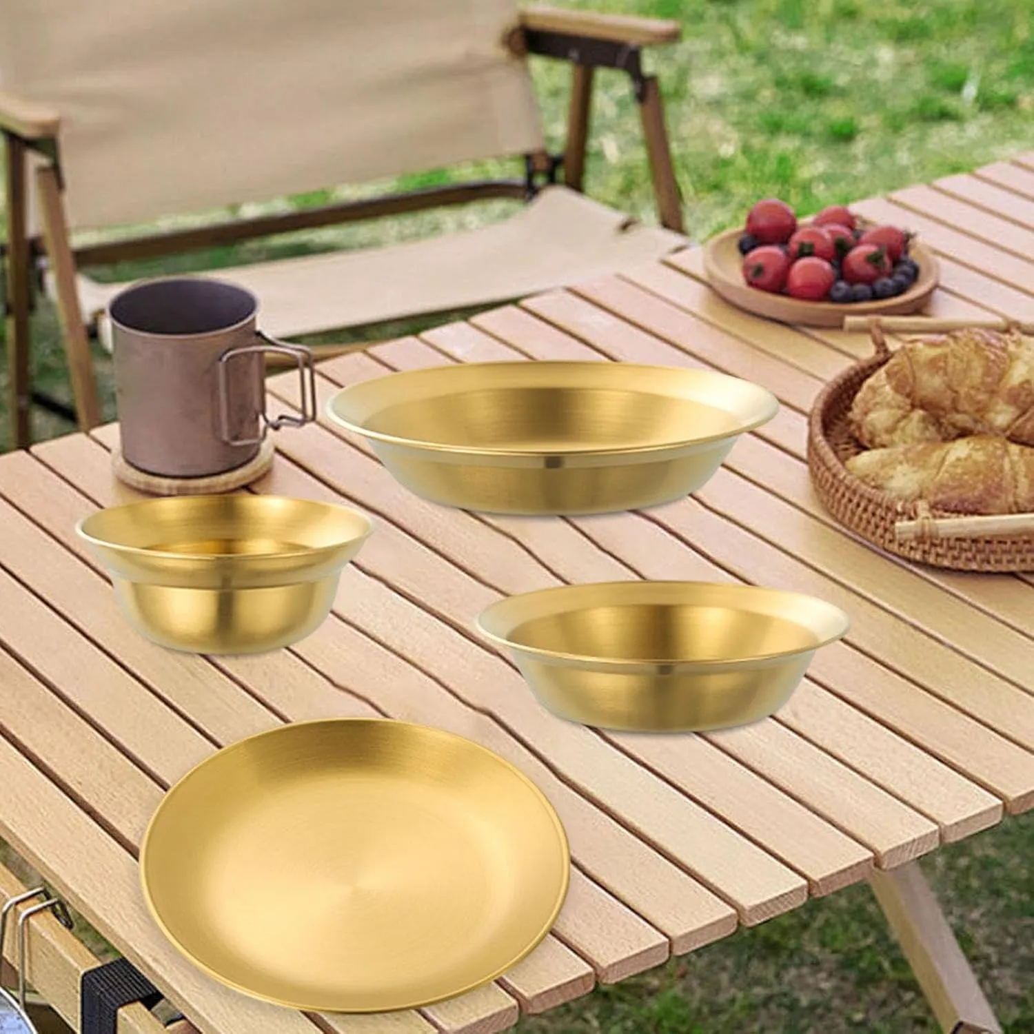 Stainless Steel Plates and Bowls Dinnerware Set, Snack Bowls, Reusable Outdoor Tableware Camping Utensils for Beach Apartment, 4PCS Gold