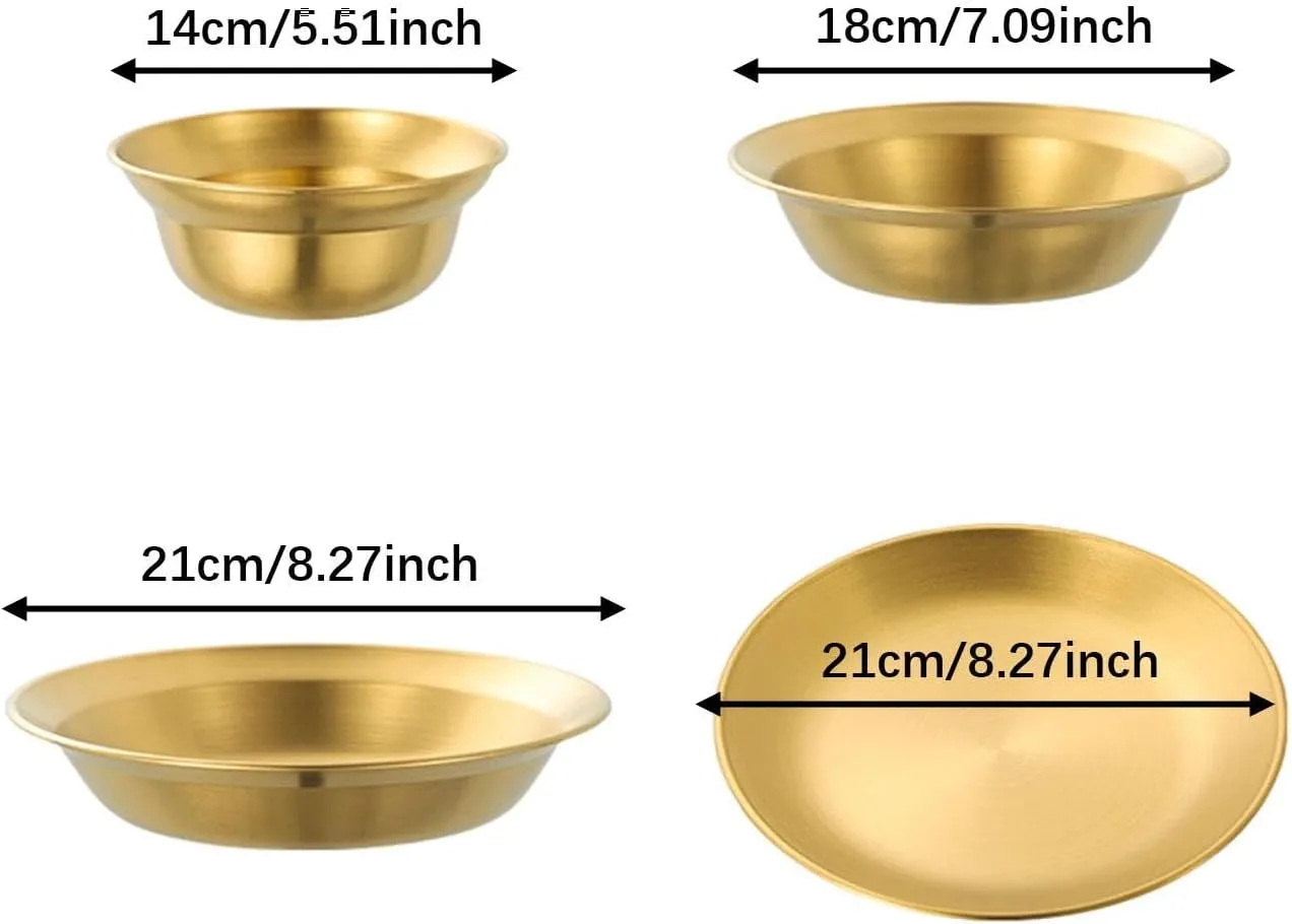 Stainless Steel Plates and Bowls Dinnerware Set, Snack Bowls, Reusable Outdoor Tableware Camping Utensils for Beach Apartment, 4PCS Gold