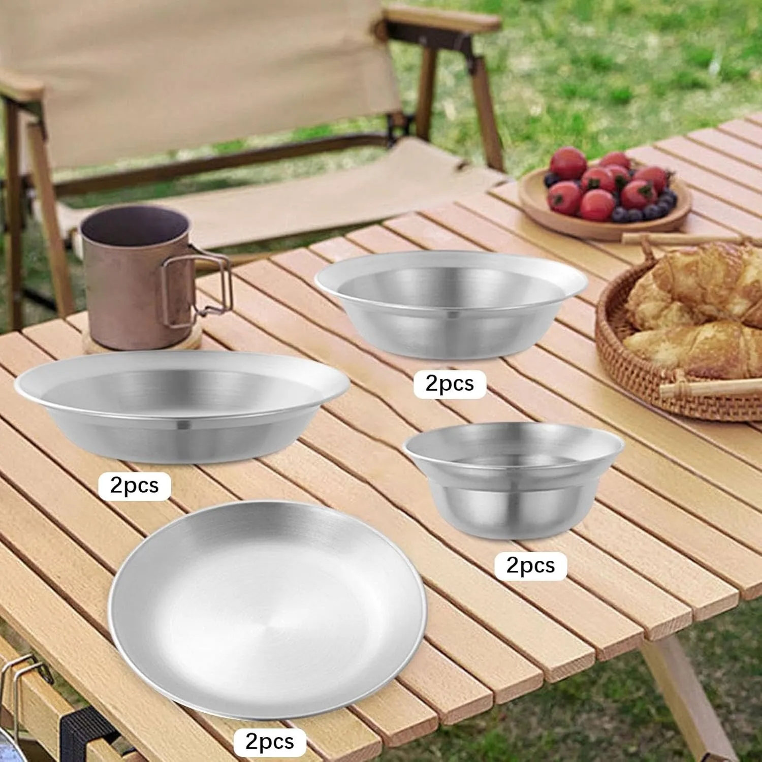 Stainless Steel Plates and Bowls Outdoor Tableware Insulated Metal Bowls Camping Utensils Dinnerware Set for Picnic BBQ Beach
