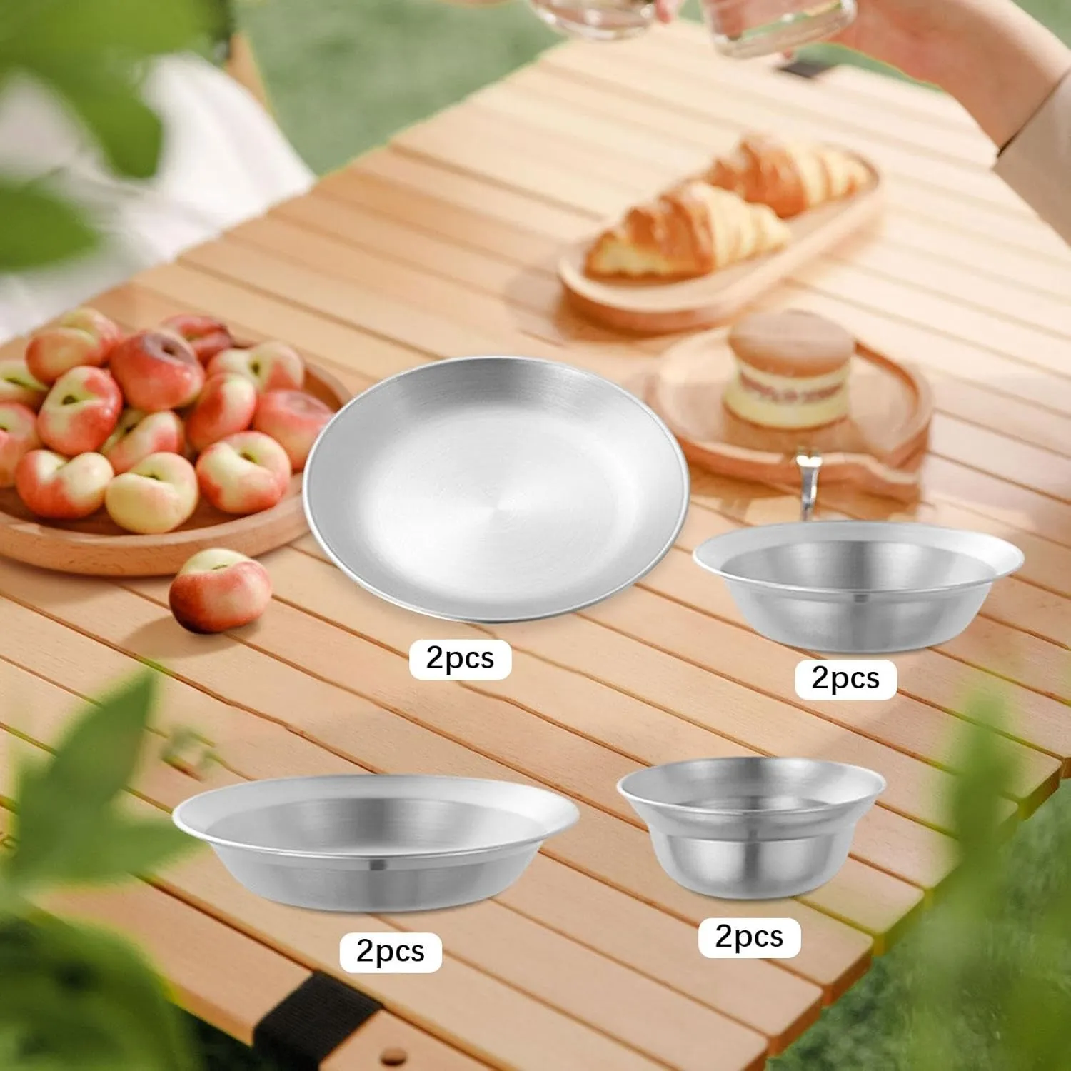 Stainless Steel Plates and Bowls Outdoor Tableware Insulated Metal Bowls Camping Utensils Dinnerware Set for Picnic BBQ Beach