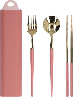 Stainless Steel Portable Travel Tableware Set with Storage Box for s (Pink Gold)