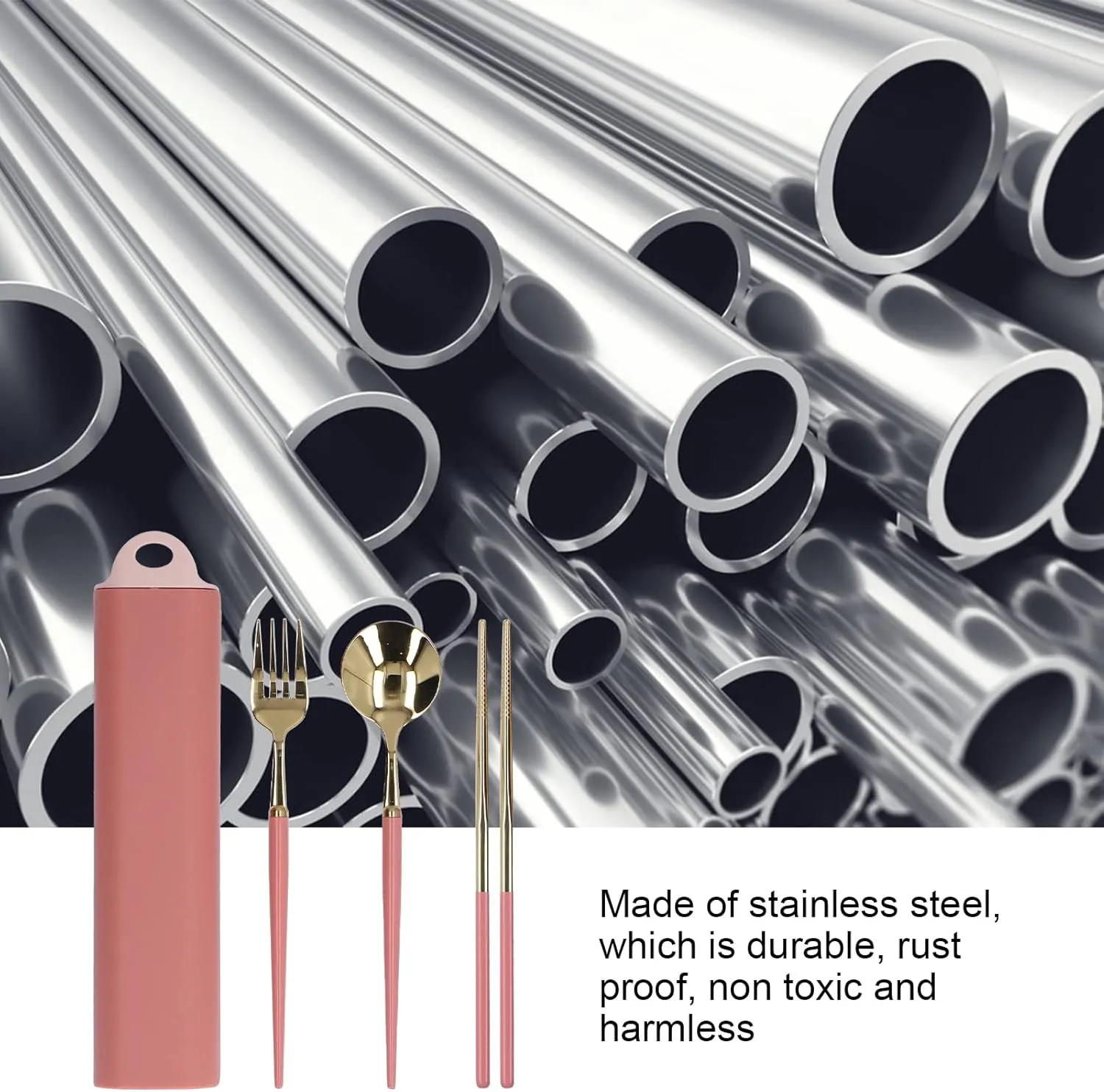 Stainless Steel Portable Travel Tableware Set with Storage Box for s (Pink Gold)
