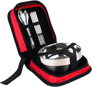 Stainless steel rice bowl, portable tableware, outdoor picnic bag, tableware set, tableware set combination, camping, travel, anti-fall (Color : Red, Size : 1 person set)